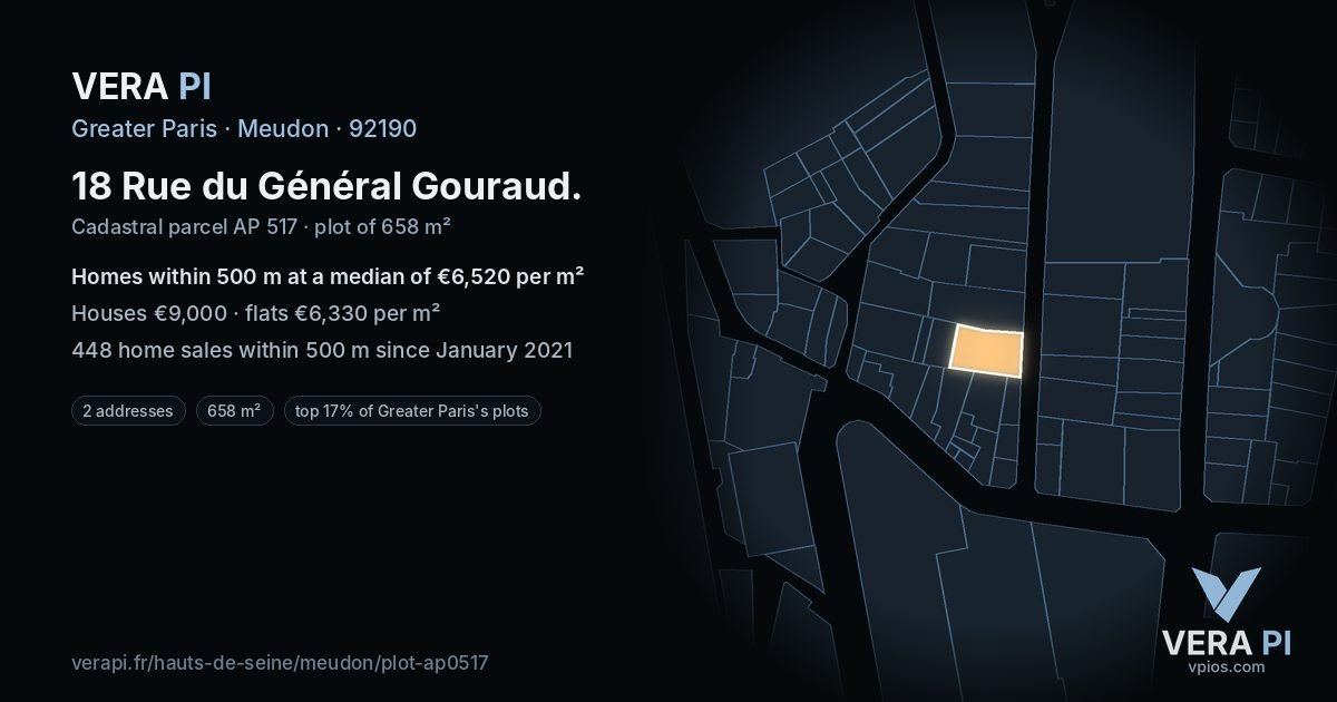 18 Rue du Général Gouraud, Meudon at night – the plot lit, the parcels around coloured by the prices near them