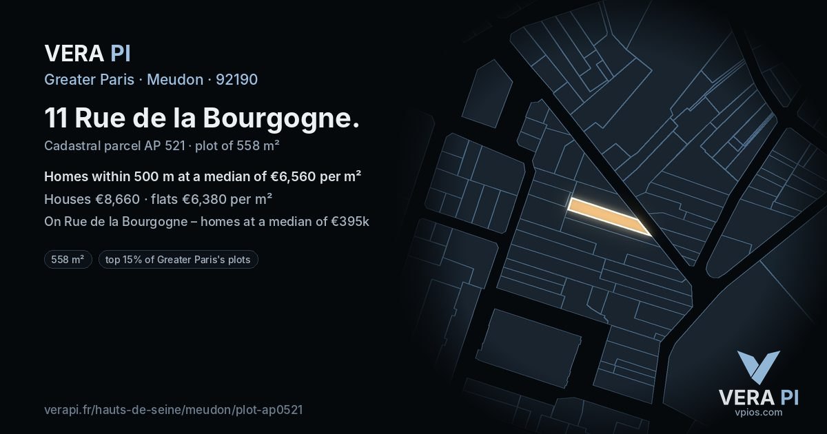 11 Rue de la Bourgogne, Meudon at night – the plot lit, the parcels around coloured by the prices near them