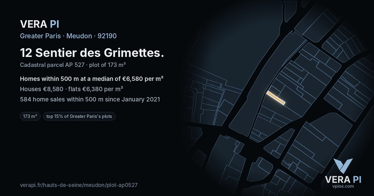 12 Sentier des Grimettes, Meudon at night – the plot lit, the parcels around coloured by the prices near them