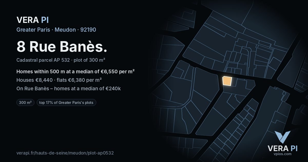 8 Rue Banès, Meudon at night – the plot lit, the parcels around coloured by the prices near them