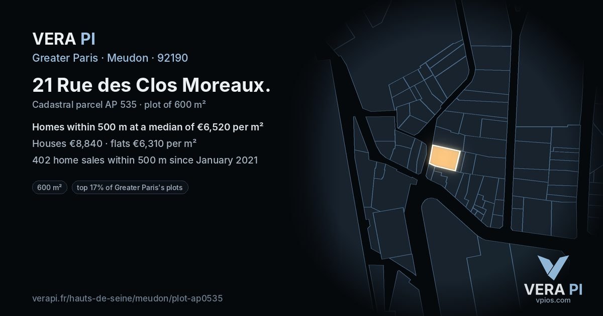 21 Rue des Clos Moreaux, Meudon at night – the plot lit, the parcels around coloured by the prices near them