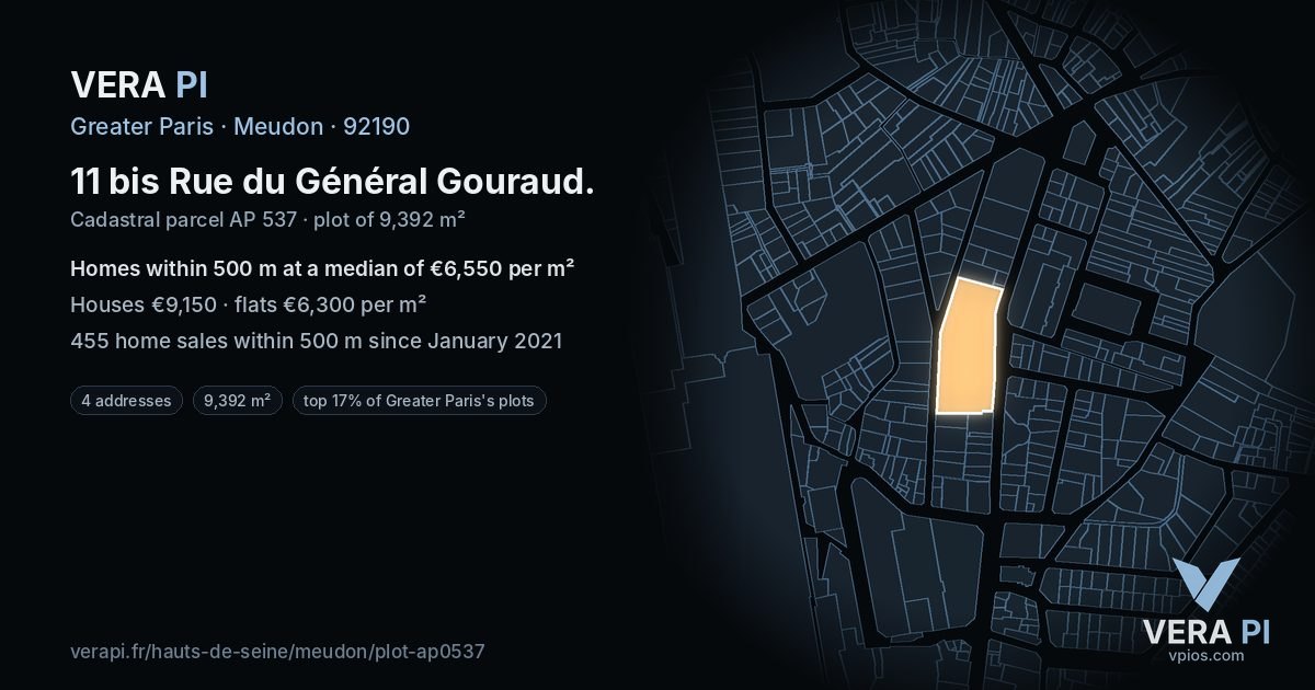 11 bis Rue du Général Gouraud, Meudon at night – the plot lit, the parcels around coloured by the prices near them