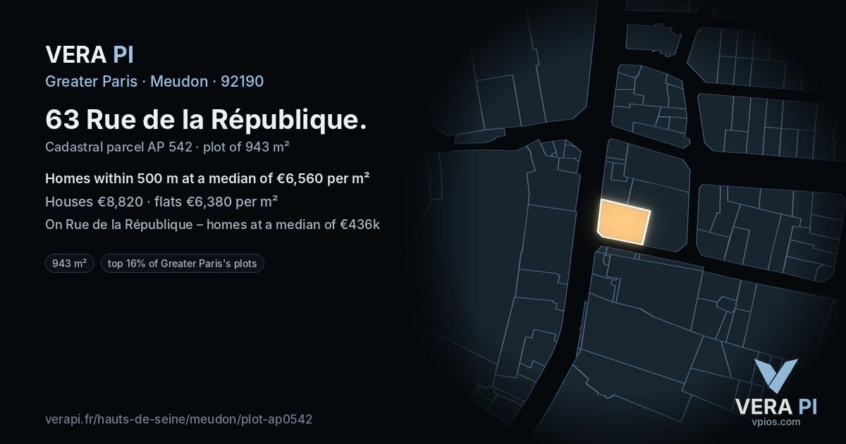 63 Rue de la République, Meudon at night – the plot lit, the parcels around coloured by the prices near them