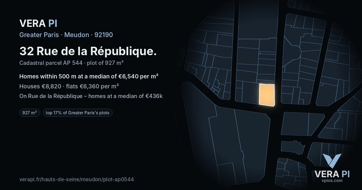 32 Rue de la République, Meudon at night – the plot lit, the parcels around coloured by the prices near them