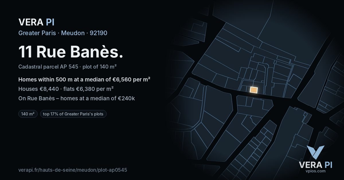 11 Rue Banès, Meudon at night – the plot lit, the parcels around coloured by the prices near them