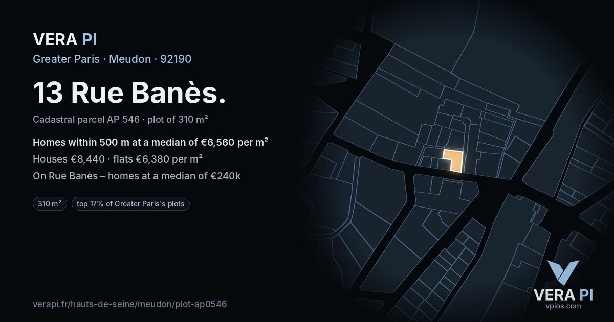 13 Rue Banès, Meudon at night – the plot lit, the parcels around coloured by the prices near them