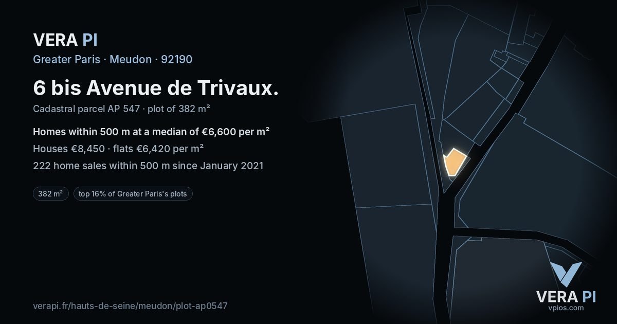 6 bis Avenue de Trivaux, Meudon at night – the plot lit, the parcels around coloured by the prices near them
