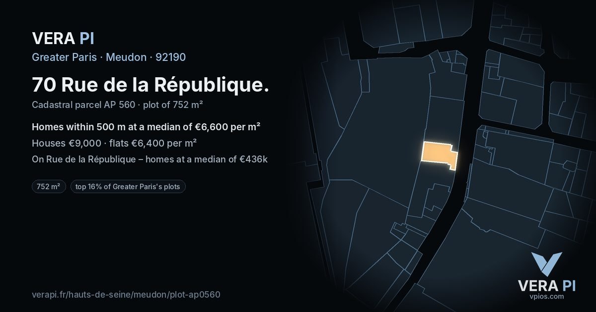 70 Rue de la République, Meudon at night – the plot lit, the parcels around coloured by the prices near them