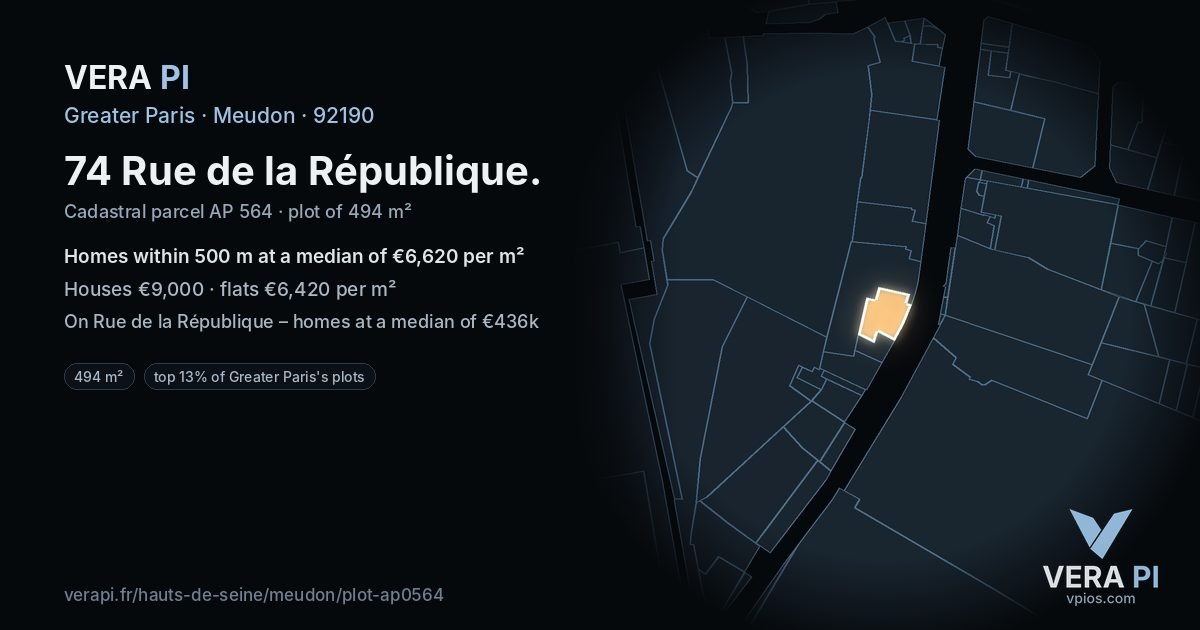 74 Rue de la République, Meudon at night – the plot lit, the parcels around coloured by the prices near them