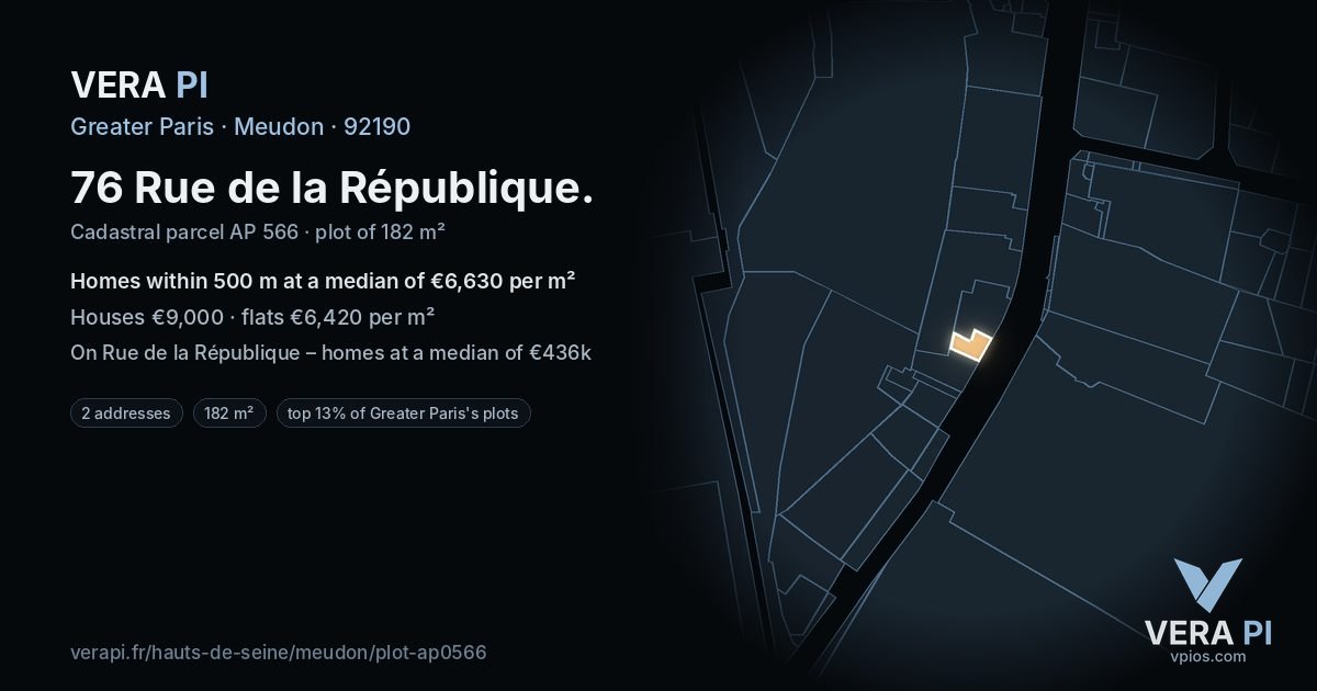 76 Rue de la République, Meudon at night – the plot lit, the parcels around coloured by the prices near them
