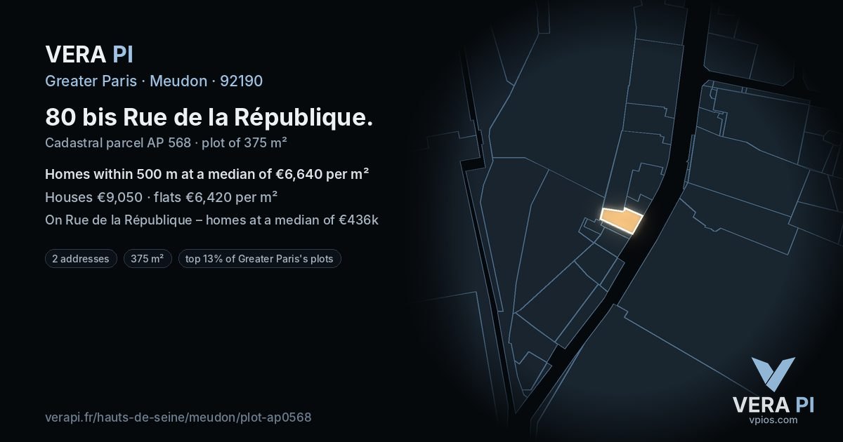 80 bis Rue de la République, Meudon at night – the plot lit, the parcels around coloured by the prices near them