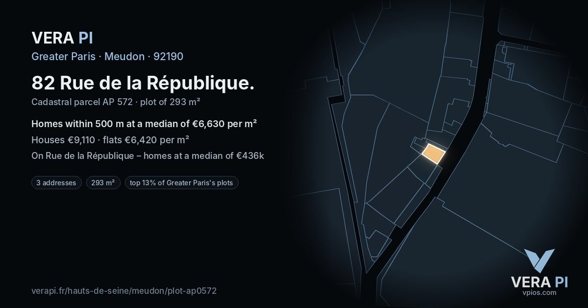 82 Rue de la République, Meudon at night – the plot lit, the parcels around coloured by the prices near them