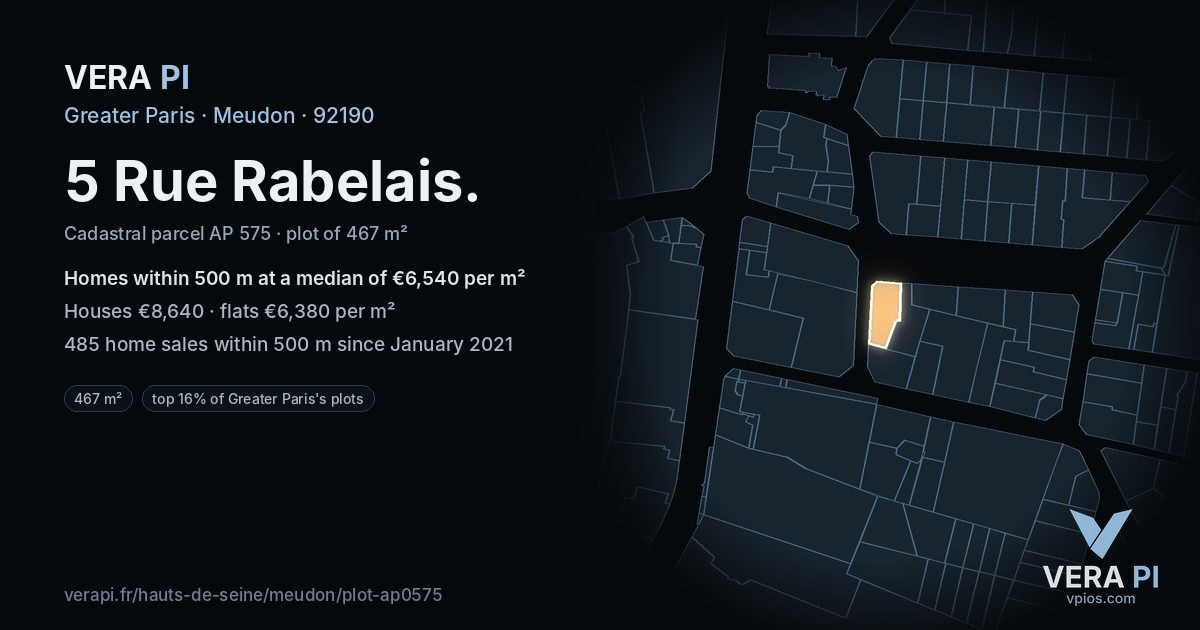 5 Rue Rabelais, Meudon at night – the plot lit, the parcels around coloured by the prices near them