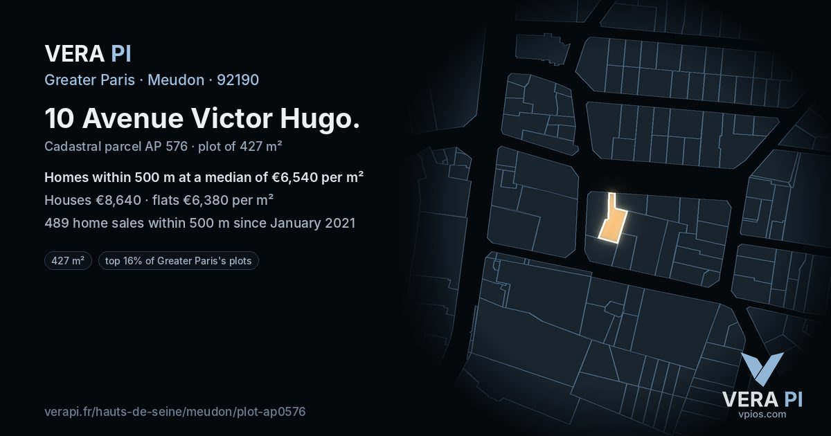 10 Avenue Victor Hugo, Meudon at night – the plot lit, the parcels around coloured by the prices near them