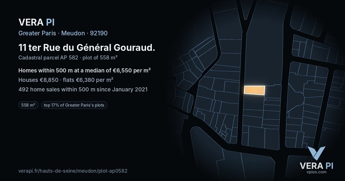 11 ter Rue du Général Gouraud, Meudon at night – the plot lit, the parcels around coloured by the prices near them