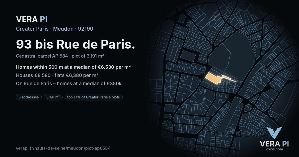 93 bis Rue de Paris, Meudon at night – the plot lit, the parcels around coloured by the prices near them