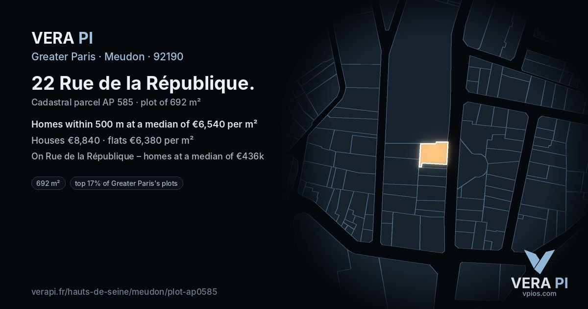 22 Rue de la République, Meudon at night – the plot lit, the parcels around coloured by the prices near them