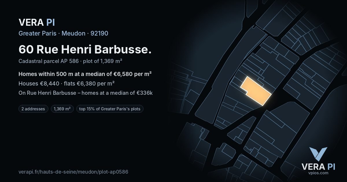 60 Rue Henri Barbusse, Meudon at night – the plot lit, the parcels around coloured by the prices near them