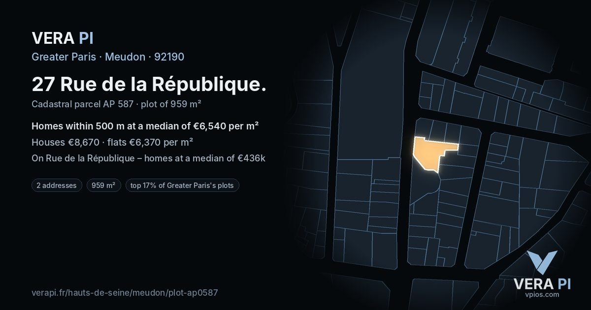 27 Rue de la République, Meudon at night – the plot lit, the parcels around coloured by the prices near them