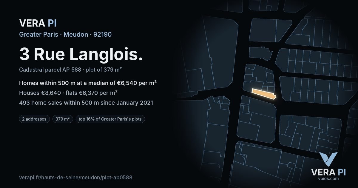 3 Rue Langlois, Meudon at night – the plot lit, the parcels around coloured by the prices near them