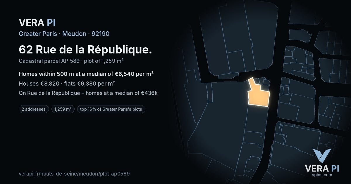 62 Rue de la République, Meudon at night – the plot lit, the parcels around coloured by the prices near them