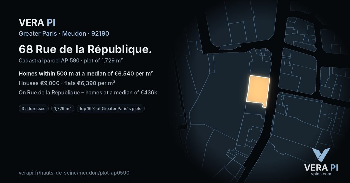 68 Rue de la République, Meudon at night – the plot lit, the parcels around coloured by the prices near them