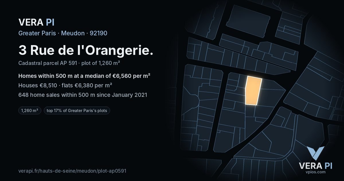 3 Rue de l'Orangerie, Meudon at night – the plot lit, the parcels around coloured by the prices near them