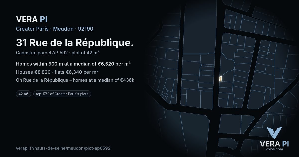 31 Rue de la République, Meudon at night – the plot lit, the parcels around coloured by the prices near them
