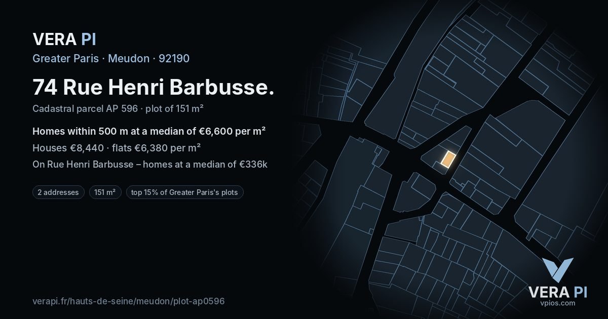 74 Rue Henri Barbusse, Meudon at night – the plot lit, the parcels around coloured by the prices near them