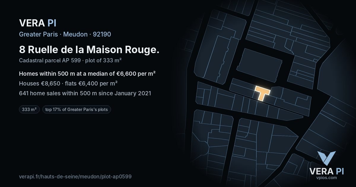 8 Ruelle de la Maison Rouge, Meudon at night – the plot lit, the parcels around coloured by the prices near them