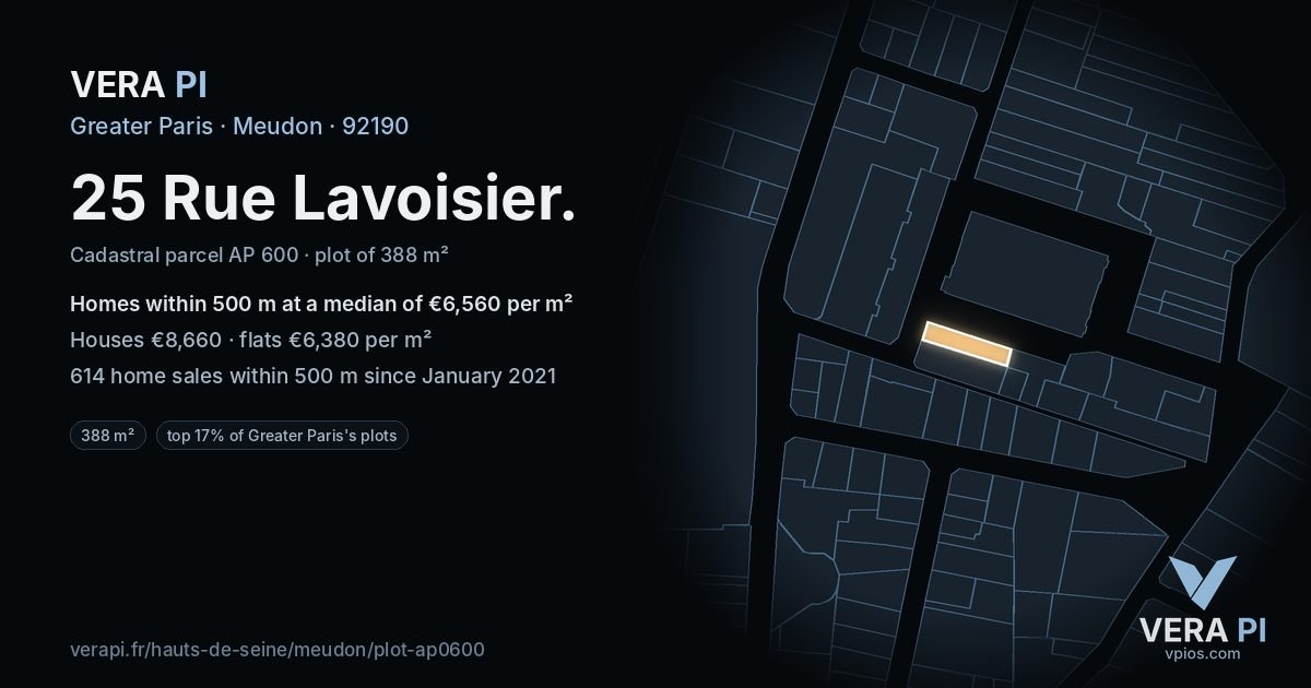 25 Rue Lavoisier, Meudon at night – the plot lit, the parcels around coloured by the prices near them