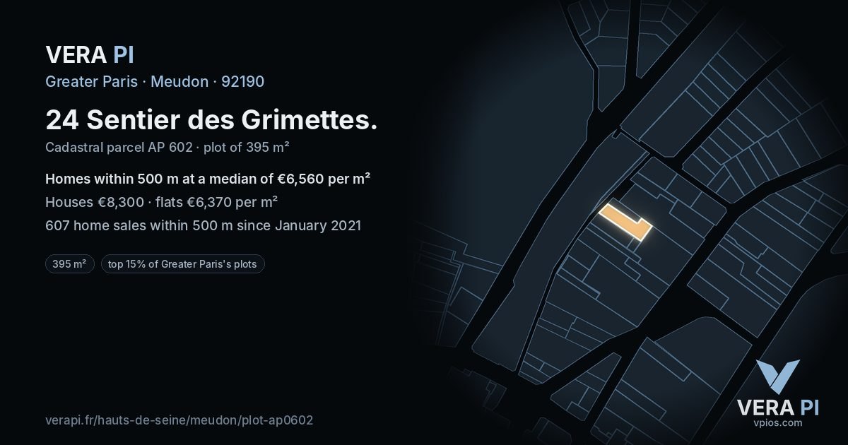 24 Sentier des Grimettes, Meudon at night – the plot lit, the parcels around coloured by the prices near them