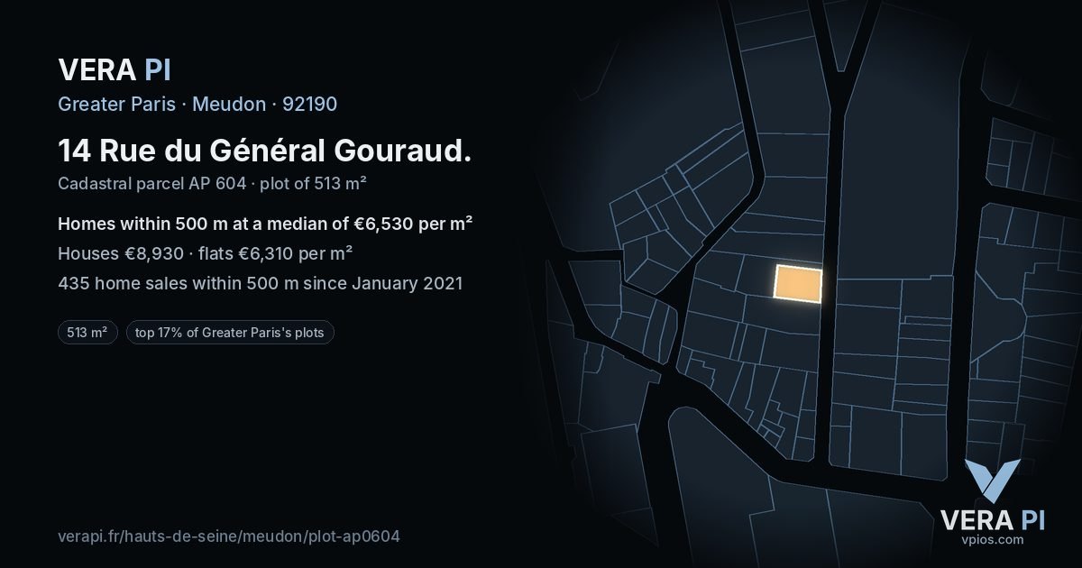 14 Rue du Général Gouraud, Meudon at night – the plot lit, the parcels around coloured by the prices near them