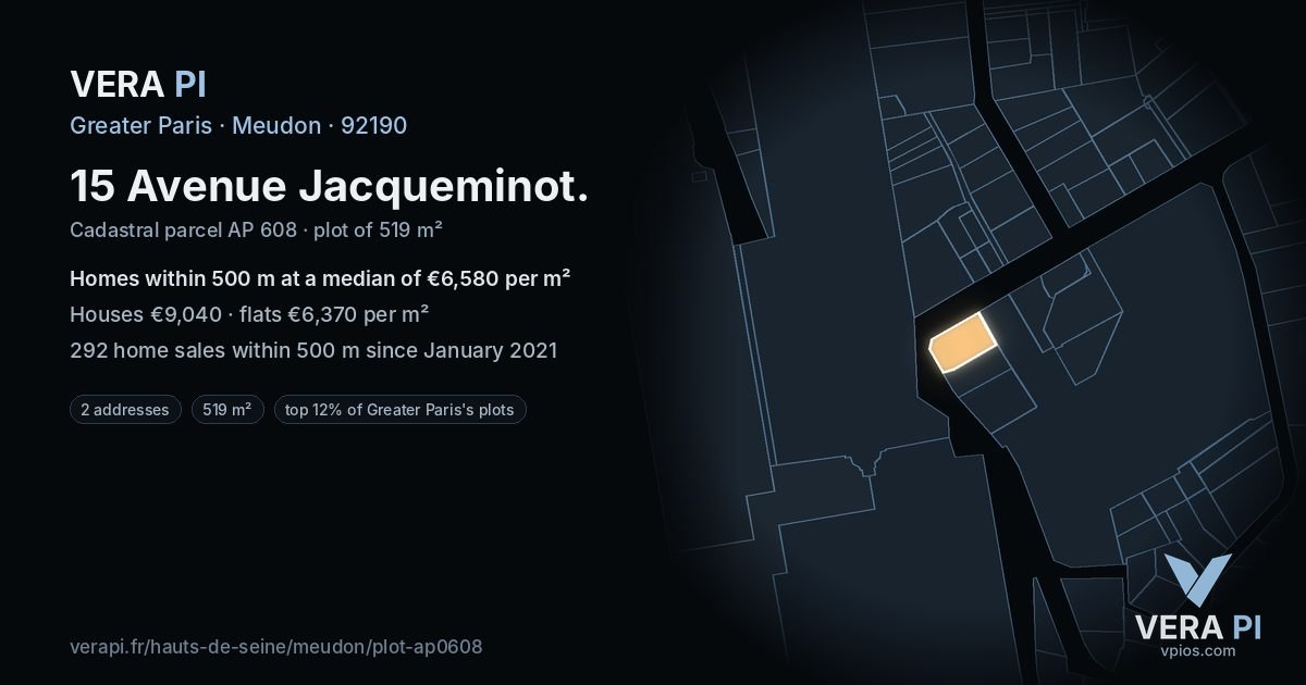 15 Avenue Jacqueminot, Meudon at night – the plot lit, the parcels around coloured by the prices near them