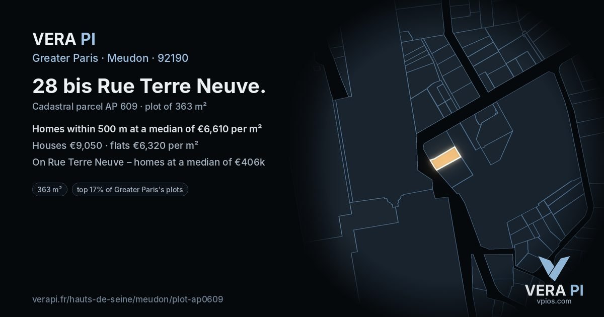 28 bis Rue Terre Neuve, Meudon at night – the plot lit, the parcels around coloured by the prices near them