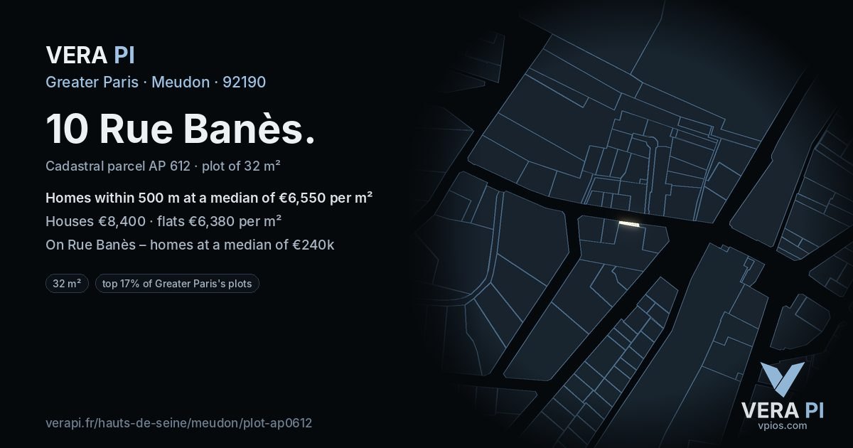 10 Rue Banès, Meudon at night – the plot lit, the parcels around coloured by the prices near them