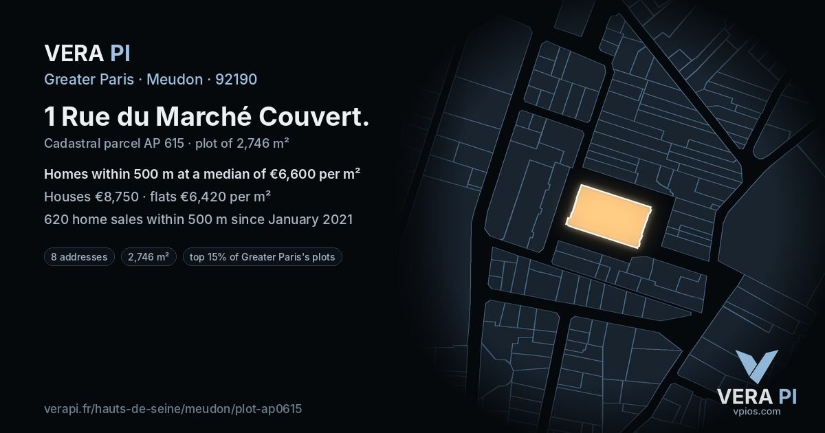 1 Rue du Marché Couvert, Meudon at night – the plot lit, the parcels around coloured by the prices near them