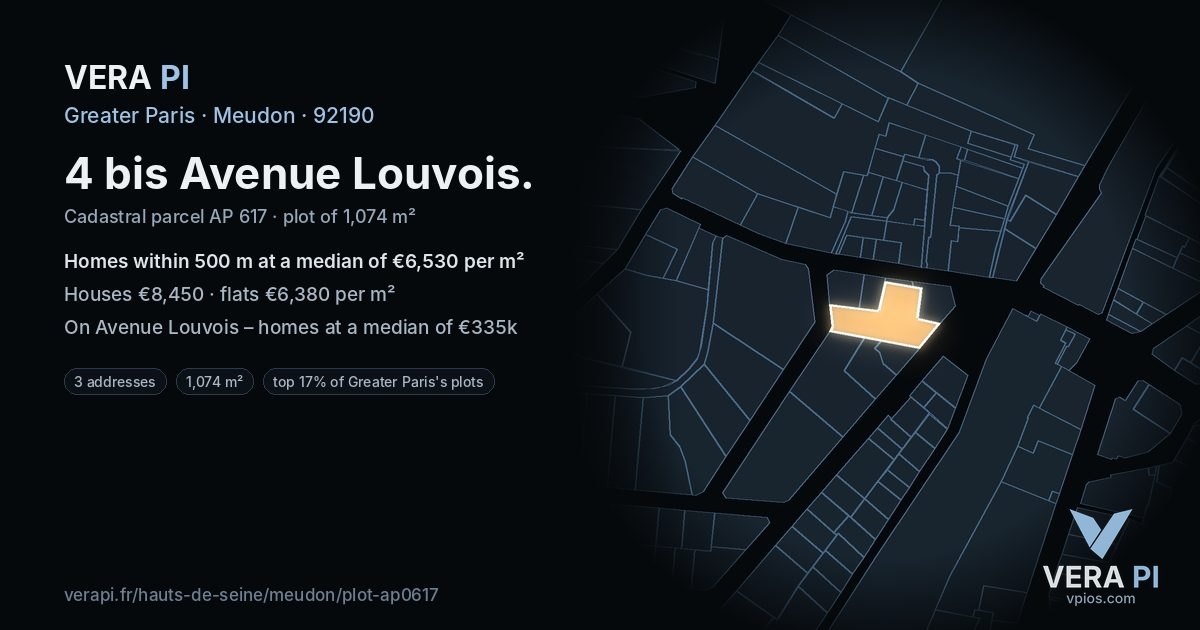 4 bis Avenue Louvois, Meudon at night – the plot lit, the parcels around coloured by the prices near them