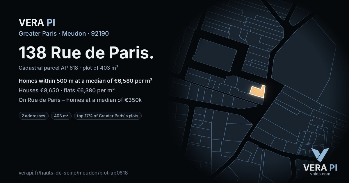 138 Rue de Paris, Meudon at night – the plot lit, the parcels around coloured by the prices near them