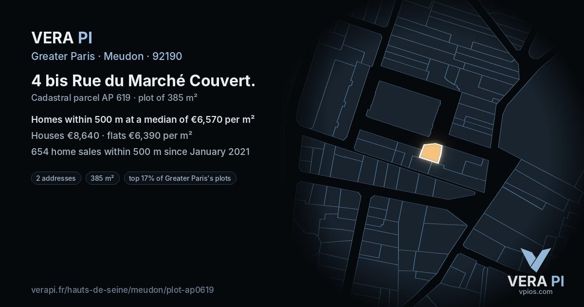 4 bis Rue du Marché Couvert, Meudon at night – the plot lit, the parcels around coloured by the prices near them