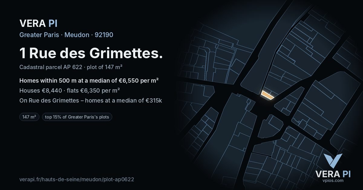 1 Rue des Grimettes, Meudon at night – the plot lit, the parcels around coloured by the prices near them