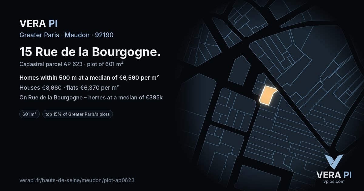 15 Rue de la Bourgogne, Meudon at night – the plot lit, the parcels around coloured by the prices near them