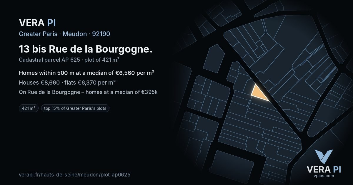 13 bis Rue de la Bourgogne, Meudon at night – the plot lit, the parcels around coloured by the prices near them