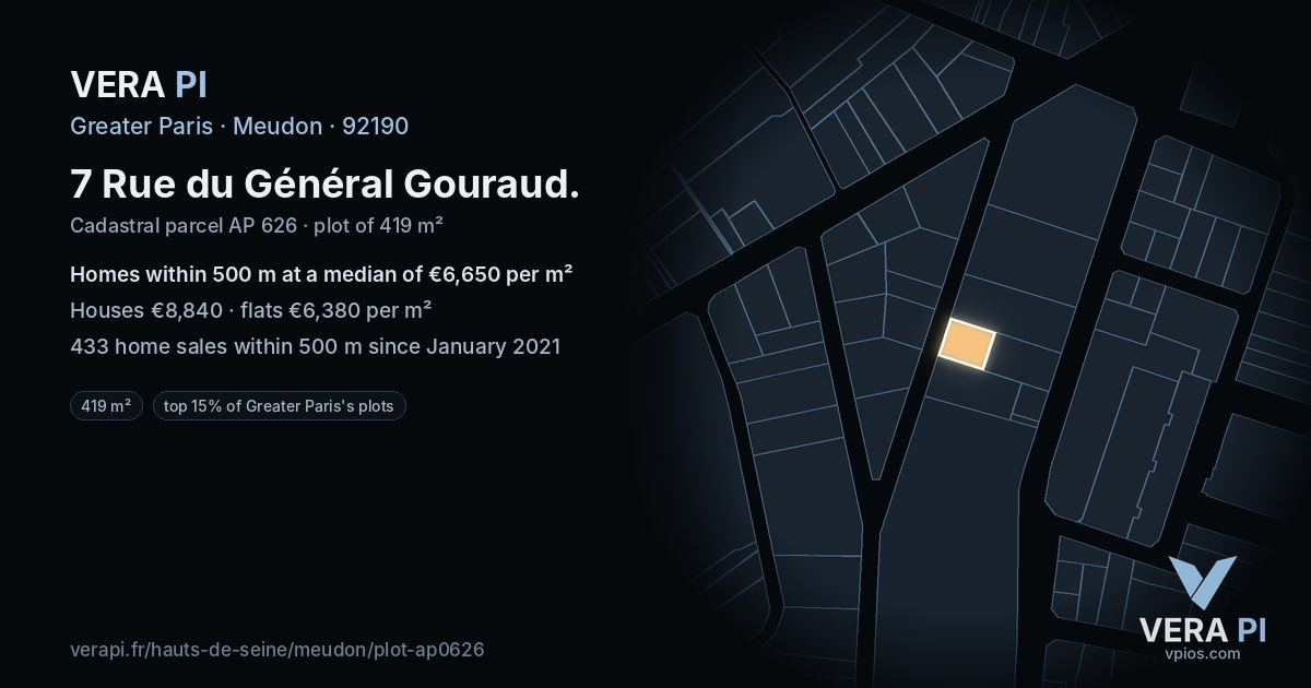 7 Rue du Général Gouraud, Meudon at night – the plot lit, the parcels around coloured by the prices near them
