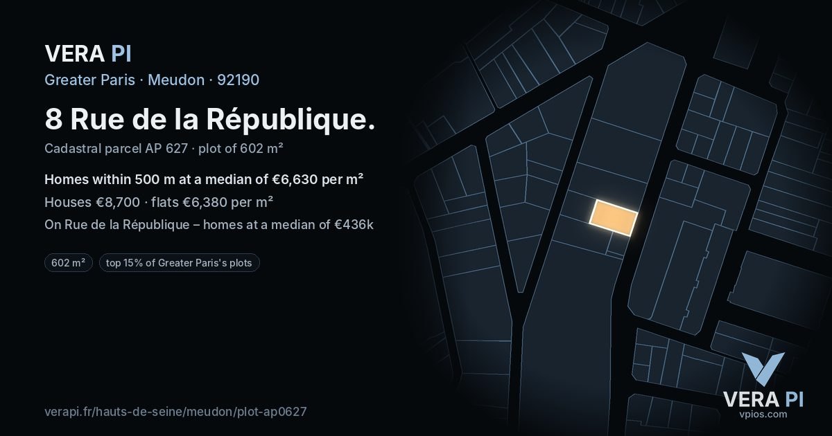 8 Rue de la République, Meudon at night – the plot lit, the parcels around coloured by the prices near them