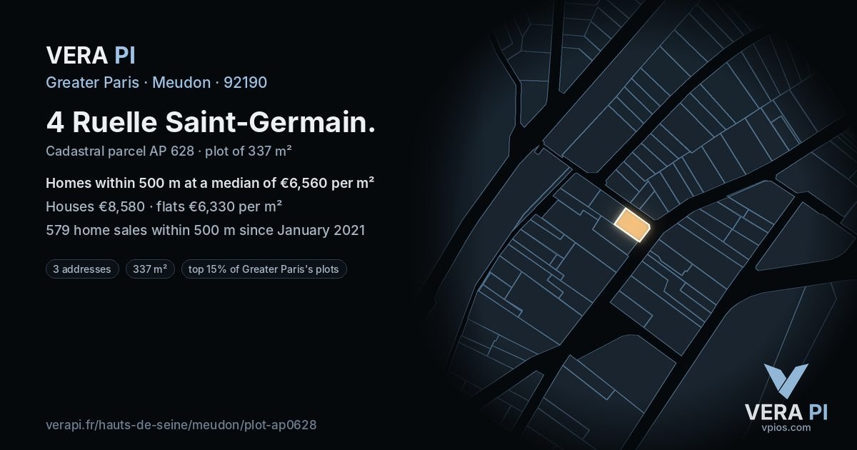 4 Ruelle Saint-Germain, Meudon at night – the plot lit, the parcels around coloured by the prices near them