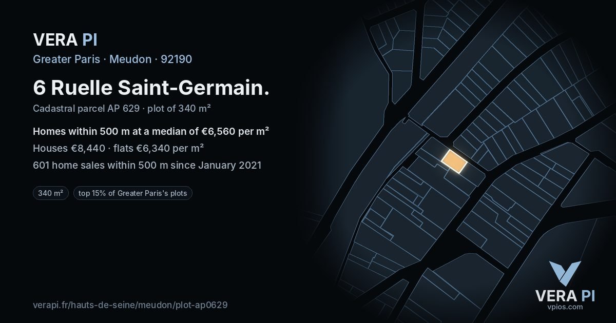 6 Ruelle Saint-Germain, Meudon at night – the plot lit, the parcels around coloured by the prices near them