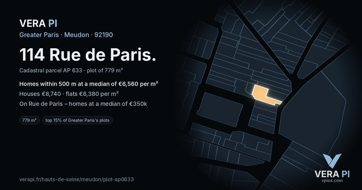 114 Rue de Paris, Meudon at night – the plot lit, the parcels around coloured by the prices near them