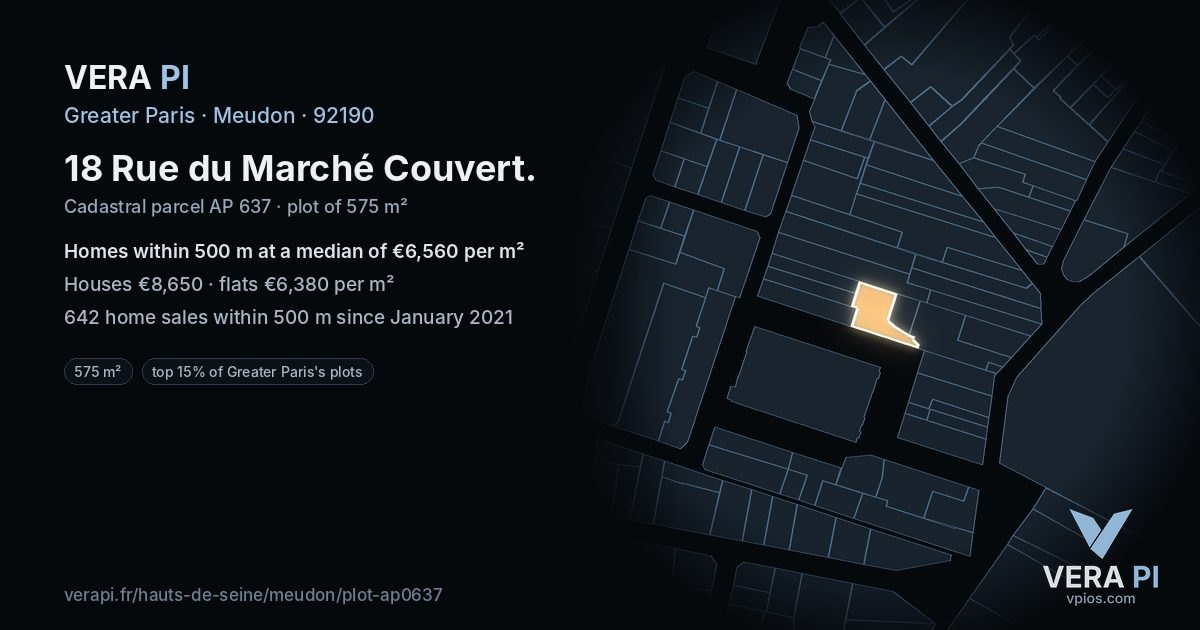 18 Rue du Marché Couvert, Meudon at night – the plot lit, the parcels around coloured by the prices near them