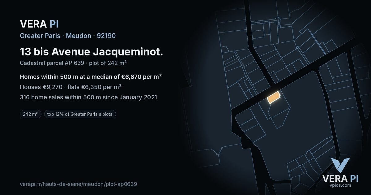 13 bis Avenue Jacqueminot, Meudon at night – the plot lit, the parcels around coloured by the prices near them